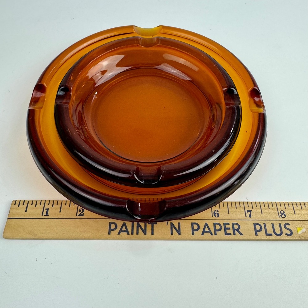 Vintage Amber Glass Ashtray Set Mid Century Modern‎ Round Nesting Orange 2 Piece